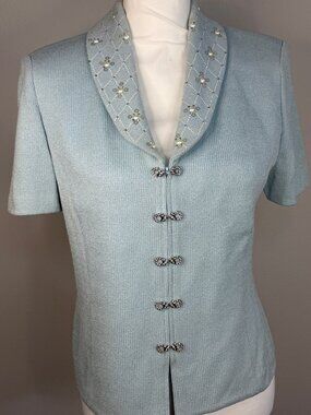 St. John Evening by Marie Gray Powder Blue Knit Jacket Pearl Sequin Collar Sz 6